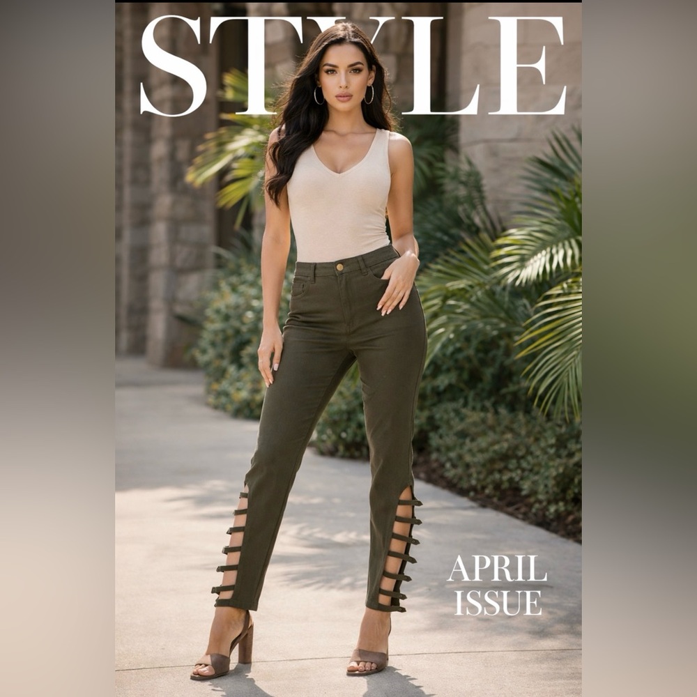 NWT KROIX PREMIUM DENIM brand side cut out Jeggins | Leggings Olive Green SZ 1X